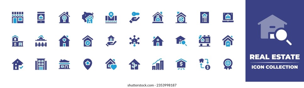 Sammlung von Immobilien-Symbolen. Duotonfarbe. Vektorgrafik und transparente Illustration. Mit Immobilien, zertifiziert, Ersparnis, Grundstück, Schlüssel, Haus, Villa, Garten, Haus, Rabatt, Vererbung und mehr.