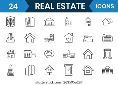 Real estate icon collection. Line icon of  Real estate, property, buying, renting, house, apartment, sale, rent, mortgage, home vector. Vector illustration.