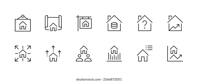 Real estate icon collection. Property, relator, mortgage, house loan, house rent, rent cost, ownership and more. Editable stroke. Pixel Perfect. Grid base 32px.