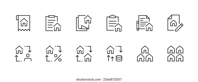 Real estate icon collection. Property, relator, mortgage, house loan, house rent, rent cost, ownership and more. Editable stroke. Pixel Perfect. Grid base 32px.