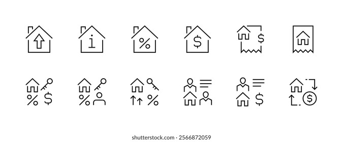 Real estate icon collection. Property, relator, mortgage, house loan, house rent, rent cost, ownership and more. Editable stroke. Pixel Perfect. Grid base 32px.