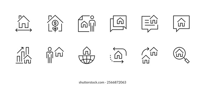 Real estate icon collection. Property, relator, mortgage, house loan, house rent, rent cost, ownership and more. Editable stroke. Pixel Perfect. Grid base 32px.