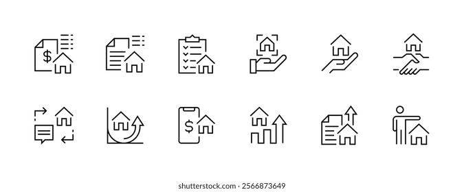 Real estate icon collection. Property, relator, mortgage, house loan, house rent, rent cost, ownership and more. Editable stroke. Pixel Perfect. Grid base 32px.