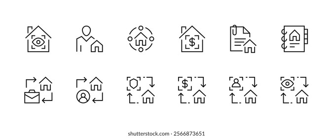 Real estate icon collection. Property, relator, mortgage, house loan, house rent, rent cost, ownership and more. Editable stroke. Pixel Perfect. Grid base 32px.