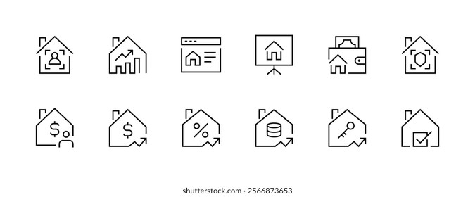 Real estate icon collection. Property, relator, mortgage, house loan, house rent, rent cost, ownership and more. Editable stroke. Pixel Perfect. Grid base 32px.