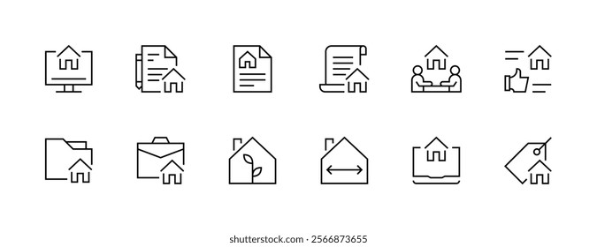 Real estate icon collection. Property, relator, mortgage, house loan, house rent, rent cost, ownership and more. Editable stroke. Pixel Perfect. Grid base 32px.