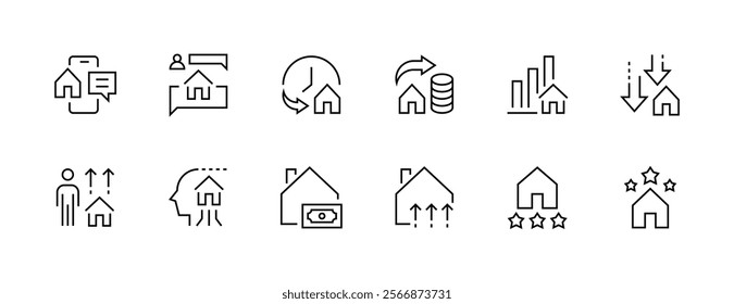 Real estate icon collection. Property, relator, mortgage, house loan, house rent, rent cost, ownership and more. Editable stroke. Pixel Perfect. Grid base 32px.