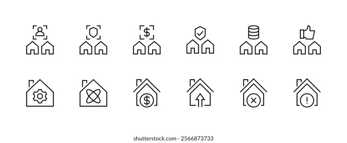 Real estate icon collection. Property, relator, mortgage, house loan, house rent, rent cost, ownership and more. Editable stroke. Pixel Perfect. Grid base 32px.