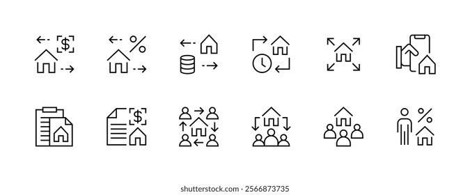 Real estate icon collection. Property, relator, mortgage, house loan, house rent, rent cost, ownership and more. Editable stroke. Pixel Perfect. Grid base 32px.