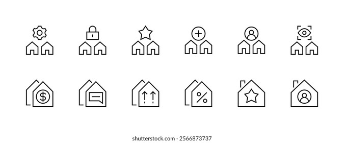 Real estate icon collection. Property, relator, mortgage, house loan, house rent, rent cost, ownership and more. Editable stroke. Pixel Perfect. Grid base 32px.