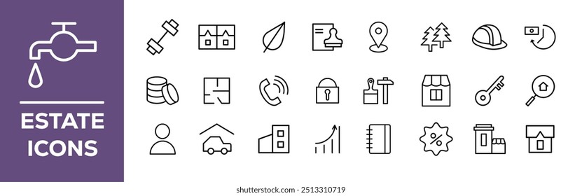 Conjunto de coleta de ícones de imóveis. Contendo propriedade, pessoal, localização, edifícios, habitação, residencial, ícone de apartamento. Vetor plano simples.