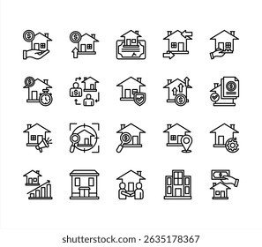 Conjunto de coleta de ícones de imóveis. Contendo propriedade, pessoal, localização, edifícios, habitação, residencial, ícone de apartamento. Vetor de linha simples.