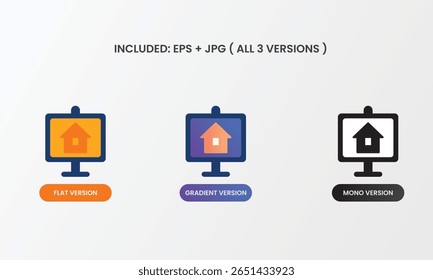 Real estate icon with a computer screen showing a house – perfect for online listings. Comes in mono, flat, and gradient versions for digital and property platforms.
