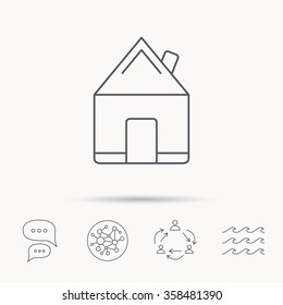 Real estate icon. House building sign. Real-estate property symbol. Global connect network, ocean wave and chat dialog icons. Teamwork symbol.