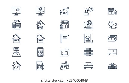 Real estate icon illustrating property investment, housing, and construction business in outline style