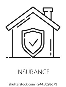 Real estate icon. Insurance for house sign. Commercial real estate rent or sale service or home insurance company outline vector pictogram or symbol with cottage house protected by shield