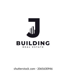 Real Estate Icon. Letter J Construction with Diagram Chart Apartment City Building Logo Design Template Element