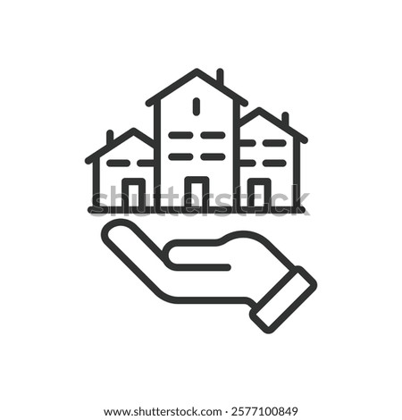 Real estate, icon in line design. Real estate, property, house, investment, homeownership, housing market, mortgage on white background vector. Real estate editable stroke icon