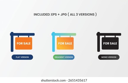 A real estate icon with a For Sale board hanging on a post, symbolizing property selling. Includes mono, flat, and gradient versions suitable for realty branding.