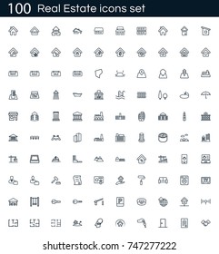 Real Estate Icon Set With 100 Vector Pictograms. Simple Outline Icons Isolated On A White Background. Good For Apps And Web Sites. 