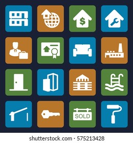 Real Estate icon. Set of 16 Real Estate filled icons such as house building, home repair, buying a house, sold tag, swimming pool, building, factory