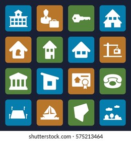 Real Estate icon. Set of 16 Real Estate filled icons such as home, house building, lock home, land territory, court building, building, city landscape, construction  crane