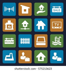 Real Estate icon. Set of 16 Real Estate filled icons such as home, house building, lock home, sale tag, room tag, factory, fireplace, swimming pool, fence, square plant pot