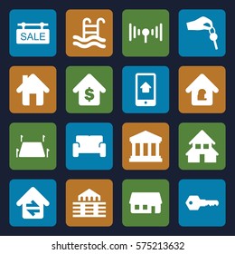 Real Estate icon. Set of 16 Real Estate filled icons such as home, house building, lock home, buying a house, home connection, sale tag, land territory, swimming pool