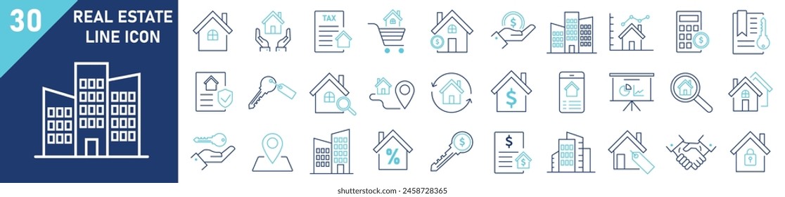 Real estate icon set. Set of 30 outline icons related to real estate. Linear icon collection. Editable stroke. Vector illustration.