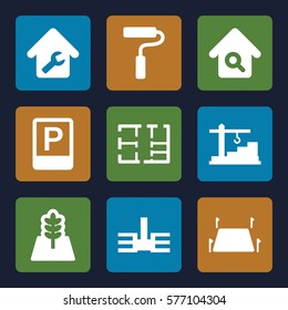 Real Estate icon. Set of 9 Real Estate filled icons such as home repair, home search, land territory, tree, building, construction  crane, paint roller, parking