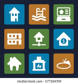 Real Estate icon. Set of 9 Real Estate filled icons such as house building, home, house sale, fireplace, swimming pool, pond
