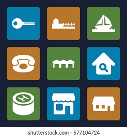 Real Estate icon. Set of 9 Real Estate filled icons such as house building, home search, shop, garage, hospital, boat, avenue, key