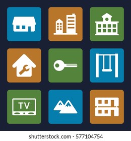 Real Estate icon. Set of 9 Real Estate filled icons such as house building, home repair, building, mountain, TV, swing
