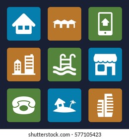 Real Estate icon. Set of 9 Real Estate filled icons such as home, swimming pool, shop, building, garage, home on phone display, desk phone