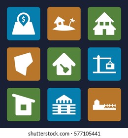 Real Estate icon. Set of 9 Real Estate filled icons such as house building, home key, land territory, lot price, building, construction  crane, avenue