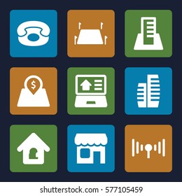 Real Estate icon. Set of 9 Real Estate filled icons such as lock home, land territory, lot price, building, shop, real estate on laptop, desk phone