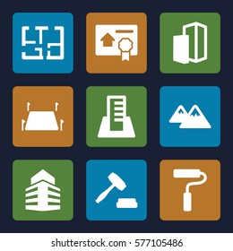 Real Estate icon. Set of 9 Real Estate filled icons such as land territory, building, mountain, auction, bill of house sell, paint roller