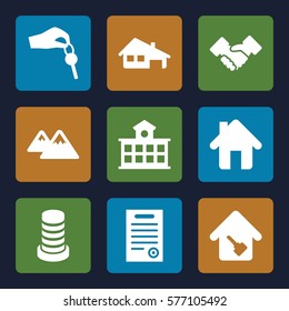 Real Estate icon. Set of 9 Real Estate filled icons such as home, house building, handshake, home key, building, mountain, hand with key