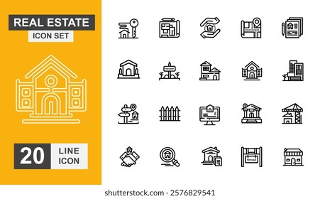 Real estate icon set. Apartment, key, home, garage, sale and more line icon