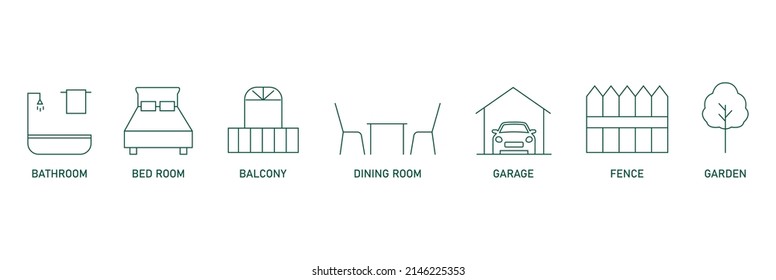 real estate icon set bathroom, bedroom, balcony, dining room, garage, fence, garden 