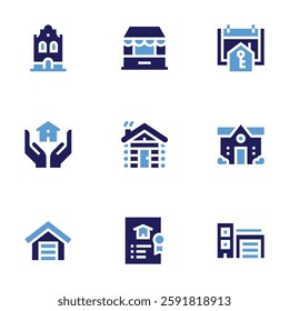 Real estate icon set. Bold style. Duotone colors. house, inheritance, garage, kiosk, cabin, insurance, home, hand over.