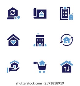 Real estate icon set. Bold style. Duotone colors. buy home, sale, home, house, plane, checklist, insurance.