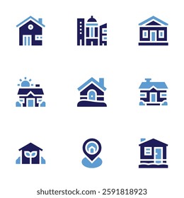 Real estate icon set. Bold style. Duotone colors. house, cottage, home, eco house, building, bungalow.