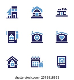 Real estate icon set. Bold style. Duotone colors. eviction, house, cabin, deed, property, calendar, contract.