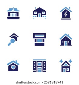 Real estate icon set. Bold style. Duotone colors. house, bungalow, efficient, kiosk, home, property, clean house.