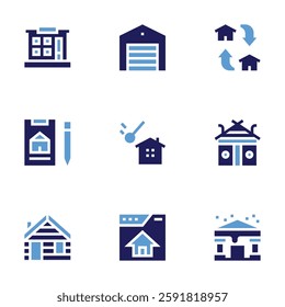 Real estate icon set. Bold style. Duotone colors. house, demolition, building, home page, cottage, shelter, garage, property.