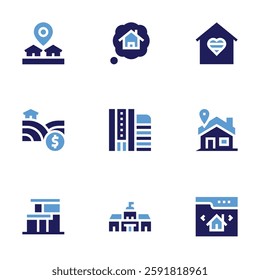 Real estate icon set. Bold style. Duotone colors. placeholder, dream, land, house, building, parliament, home, website.