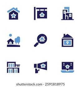 Real estate icon set. Bold style. Duotone colors. house, best property, check, real estate, house for sale, chalet, real estate agency.