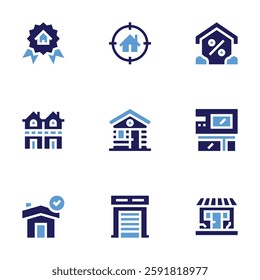 Real estate icon set. Bold style. Duotone colors. garage, wood cabin, house, reward, home, duplex, target, modern house.