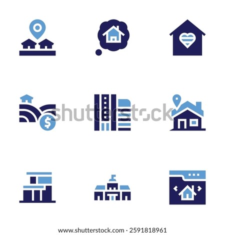 Real estate icon set. Bold style. Duotone colors. placeholder, dream, land, house, building, parliament, home, website.